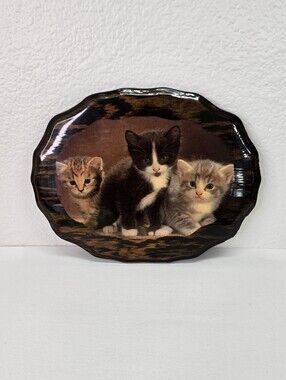 VTG 80s Decoupage Wood Plaque 3 Kittens Lacquer Frame Cat Art Wall  Kitsch